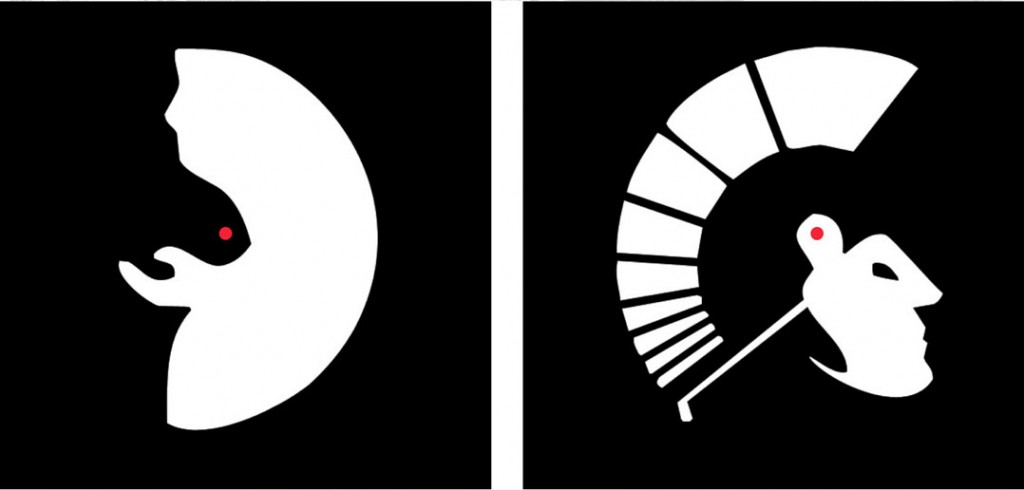 Reversible perspective figures: a man’s face or old woman begging (left); a Spartan soldier head and helmet or a golfer swinging (right).
