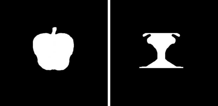 The image on the left depicts a familiar object -- an apple --- while the one on the right shows a novel object that doesn't suggest anything familiar on the outside of the left and right borders.